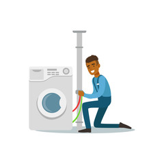 Proffesional plumber man character installing washing machine, plumbing work vector Illustration