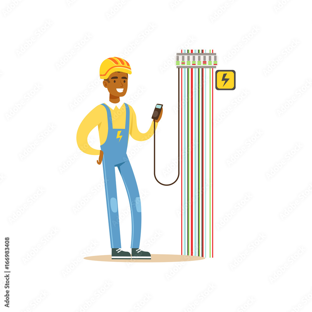 Poster professional electrician man character measuring the voltage output in fuse box, electrical works ve