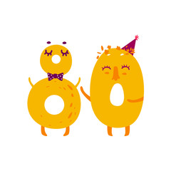 Vector cute animallike character number eighty 80. Flat cartoon illustration on a white background. Happy birthday, new year decorative numbers. Funny smiling colored math, education symbols