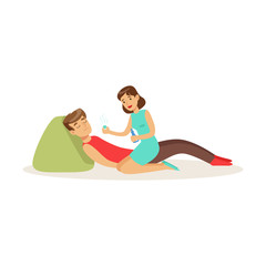 Woman providing first aid to a lying unconscious man vector Illustration