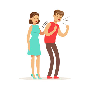 Woman Helping A Choking Man, First Aid Vector Illustration