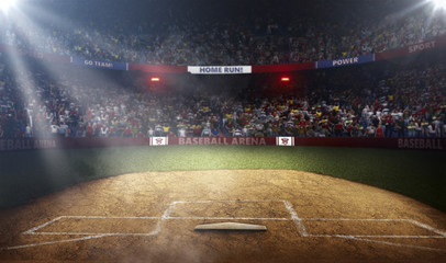 Professional baseball arena side view in lights - obrazy, fototapety, plakaty