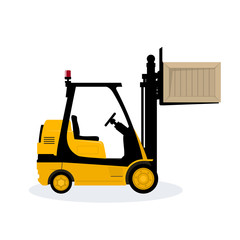 Yellow Forklift Truck Isolated on White Background, Vehicle Forklift Lifted the Box Up, Vector Illustration