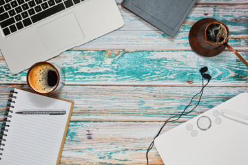 Freelancer workspace concept in top view