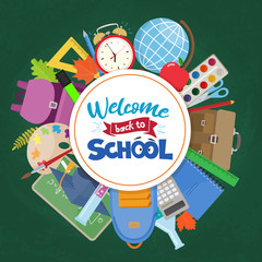 Set of different school supplies on a green chalkboard background. Decoration elements for Back to school holiday. Vector