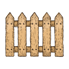 Wooden fence on white background, farming equipment, colorful sketch illustration. Vector