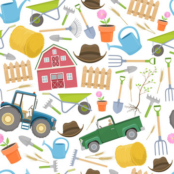 Seamless background of colorful farming equipment icons. Farming tools and agricultural machines decoration. Vector