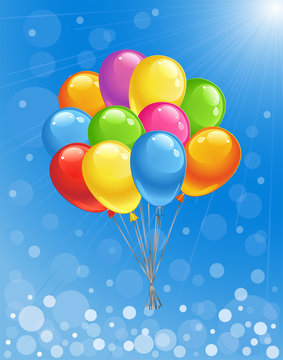 Blue sunny background with glossy colored balloons. Vector illustration.