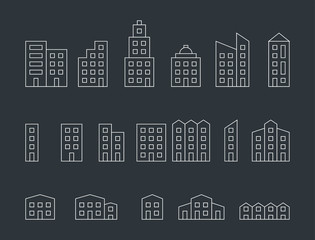 Buildings icons in isolated on black background, Set of different buildings