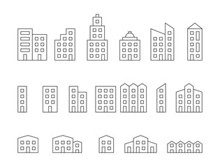 Buildings icons in isolated on white background, Set of different buildings
