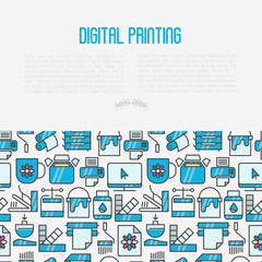 Digital printing concept with thin line icons. Vector illustration for web page, banner, print media.