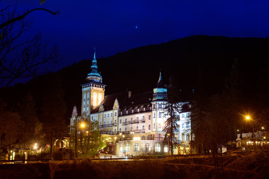 Lillafured palace in Miskolc, Hungary at night with illumination. Travel outdoor hipster landmark background