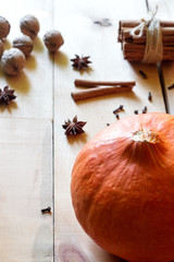 pumpkins and spices on wooden background