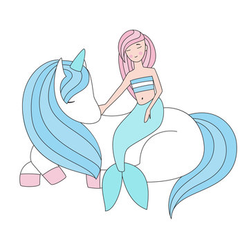 Cute mermaid sits on unicorn isolated vector illustration