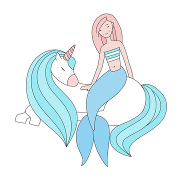 Pretty mermaid and a beautiful unicorn isolated vector illustration