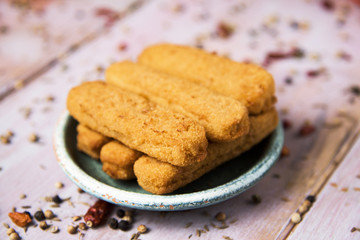 fish sticks in a rustic plate
