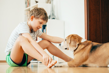 Boy and dog sits on the floor at home