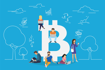 Bitcoin concept vector illustration of young people using laptop and smartphone for online funding and making investments for bitcoin and blockchain. Flat design of new technology