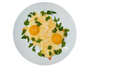 Two fried eggs for healthy breakfast .