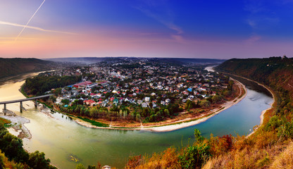 Panoramic view from above to famous ukraininan city Zaleshchiki in the Dnister river canyon at...