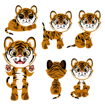 Cartoon tiger in different poses and with different mood. Vector illustration on a white background for animation, games, veterinary projects, childrens books and other design needs