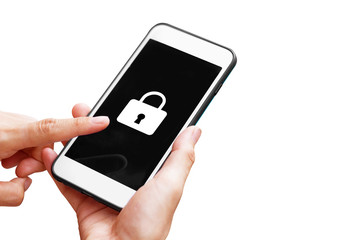 Hand using smartphone and lock icon isolated on white background.Cyber security concept.
