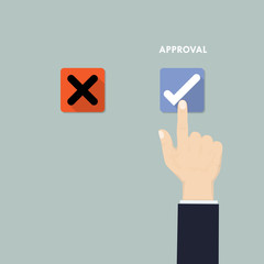 Hand pushing button with checkmark.Rejection and Approval decision concept.Hand, finger pressing buttons Rejection or Approval sign.