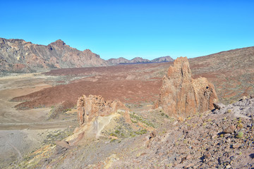 Volcano Teide. Tenerife island, Canary, Spain. Tourist on the trail to the mountain. Travel background