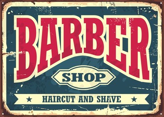 Barber shop hipster haircut and shave vintage sign template. Barbershop retro poster layout.