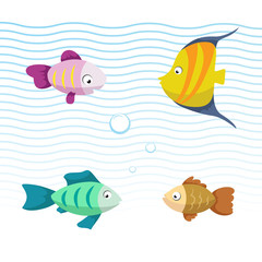 Fototapeta premium Cute coral reef fishes vector illustration icons set. Collection of funny colorful fish. Vector isolated cartoon marine characters.