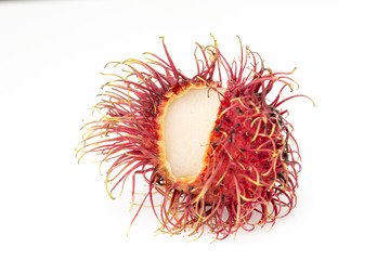 Rambutan red hairy sweet delicious asian exotic natural fruit food isolated on white background