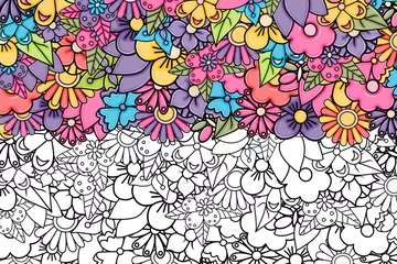 Foto op Aluminium Flowers hand drawn cartoon card background. Spring or summer concept. Outlined black and white coloring elements. Vector illustration doodle. © Natalie Adams