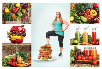 The healthy food and fat woman