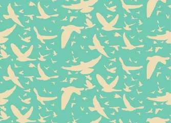 Zelfklevend Fotobehang Vector mooi patroon met vogels silhouet op groene achtergrond, naadloos © zolotons