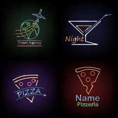 Set neon sign theme summer. bright signboard, light banner. Summer logo, emblem.