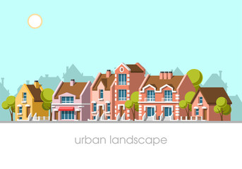 Modern city view. Traditional architecture landscape. Real estate. Flat vector illustration. 3d style.