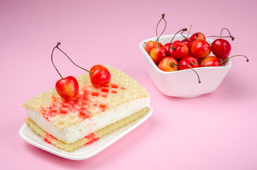wafer ice cream and sweet cherry in a white plate/cherry and wafer ice cream on a pink background