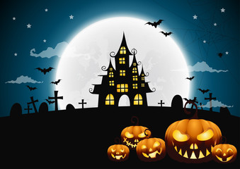 Halloween night background with pumpkin, haunted house and full moon.Vector illustration.