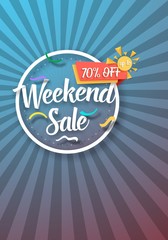 Illustration of Weekend Sale Vector Poster with Sunburs Lines on Background. Bright Sale Flyer Template