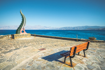 Cornucopia statue also known as the Horn of Amalthea at the waters edge, Agios Nikolaos, Crete,...