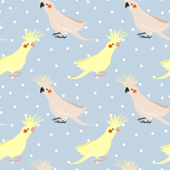 vector seamless pattern with birds parrot corella. little cockatiel. fashion print.