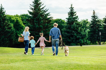 Obraz premium back view of family with two kids holding hands and walking with golden retriever dog in park