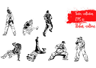 Set of illustrations with representatives of Urban Culture. Breakdancers, rapers and graffiti artists. Extreme theme modern print. Vector design elements. Isolated on white background
