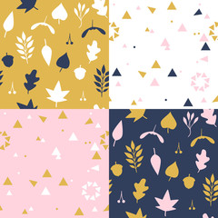 Materiał do szycia Set of vector seamless pattern with autumn leaves and geometrical triangle elements. Trendy color background. Abstract backdrop for textile, fabric, wrapping paper.