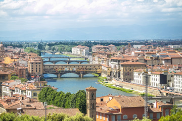 Italy, Florence. View of the Ponte Vecchio bridge from the Piazzale Michelangelo.