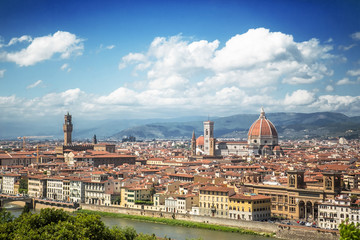 Fototapeta na wymiar Italy, Florence. View of the Cathedral of Santa Maria del Fiore and Palazzo Vecchio from the Piazzale Michelangelo.