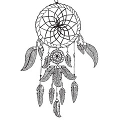 Vector design of hand drawn black and white illustration dream catcher.