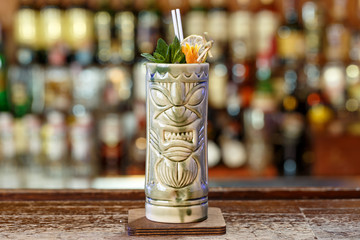 Exotic cocktail in a tiki glass