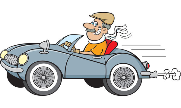 Cartoon Illustration Of A Man Driving A Sports Car.