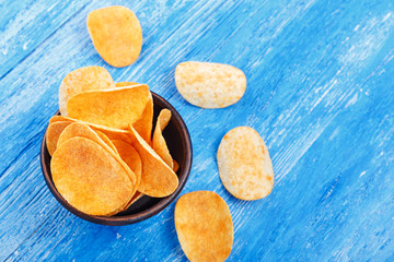 Crispy potato chips top view.